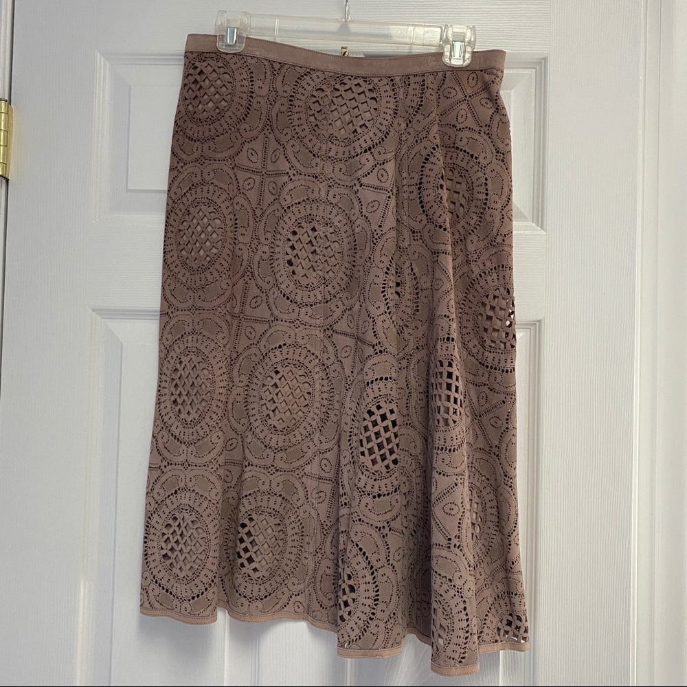 NEW WITH TAGS Burberry 100% Calf Suede Paisley Overlay Silk Knee Length Skirt